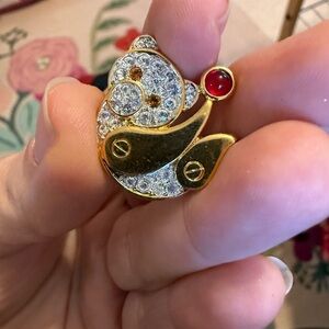 Monet Gold and Red Crystal Panda Brooch